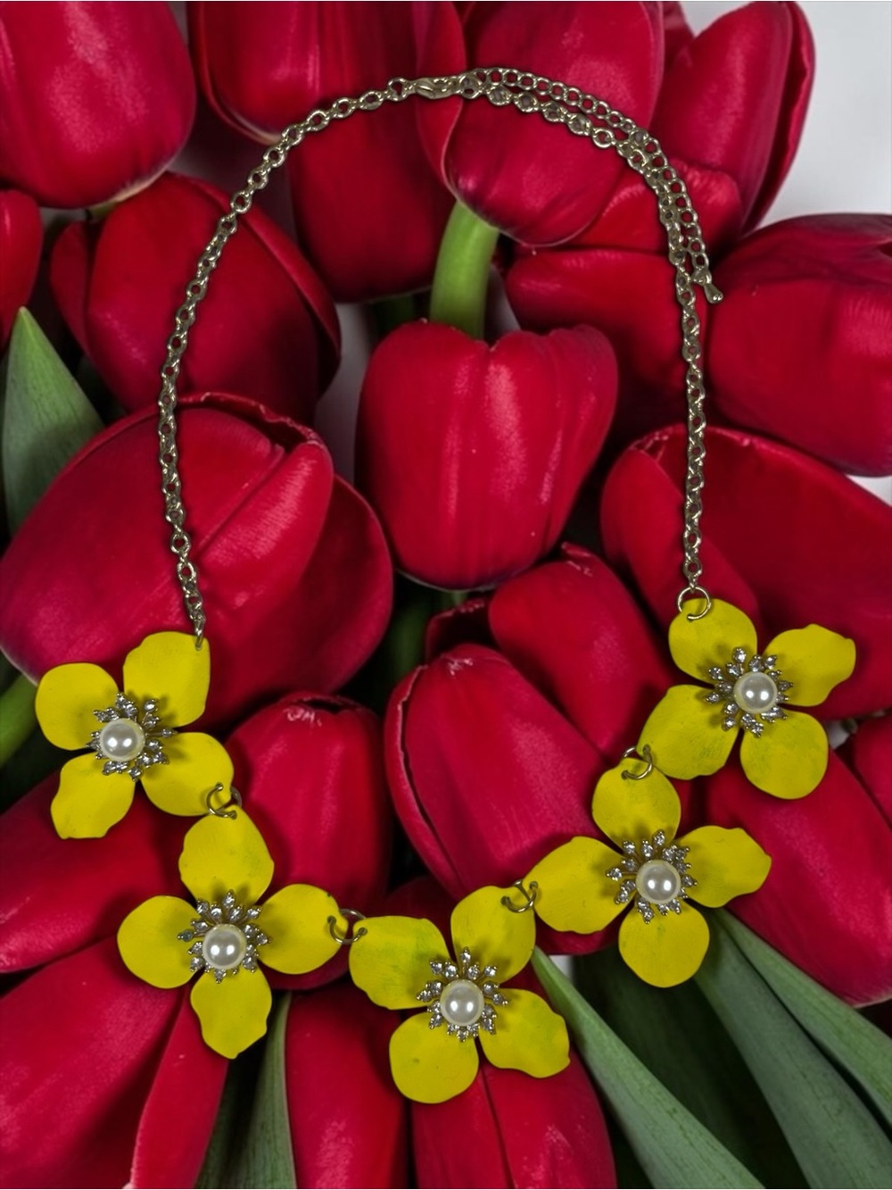 Yellow Floral Pearl Accent Necklace - Women Jewelry